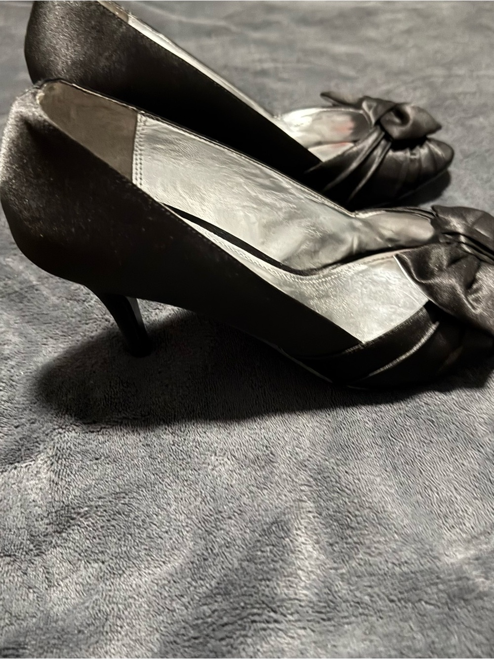 Nina Black Satin Peep-Toe Bow Pumps